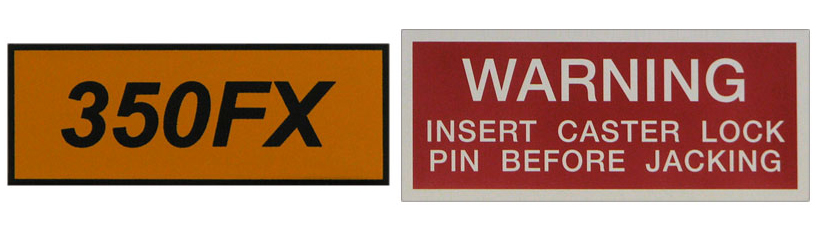 Metal identification tag sample for 350FX and a warning tag.